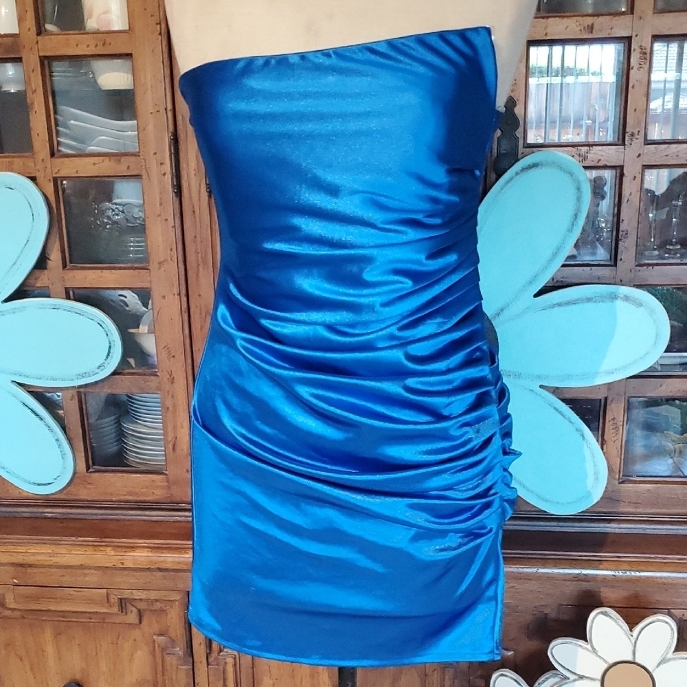 Windsor Blue Ruched Strapless Bodycon Dress